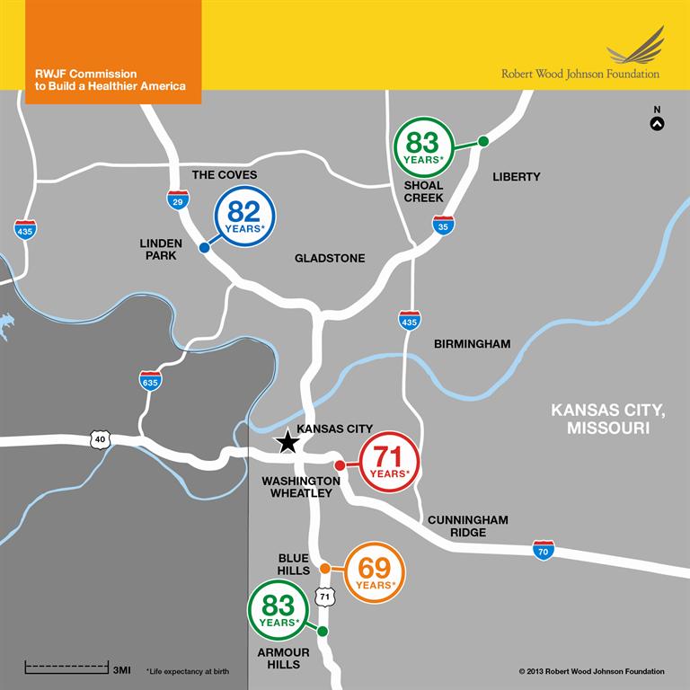 Life expectancy map for Kansas City, Missouri