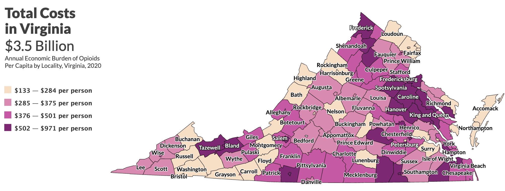 A map of Virginia comparing the costs of addiction in each county.